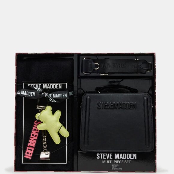 NIB STEVE MADDEN EVELYN BAG SCARF CHARM BOX GIFT SET BLACK $154 - Picture 1 of 8